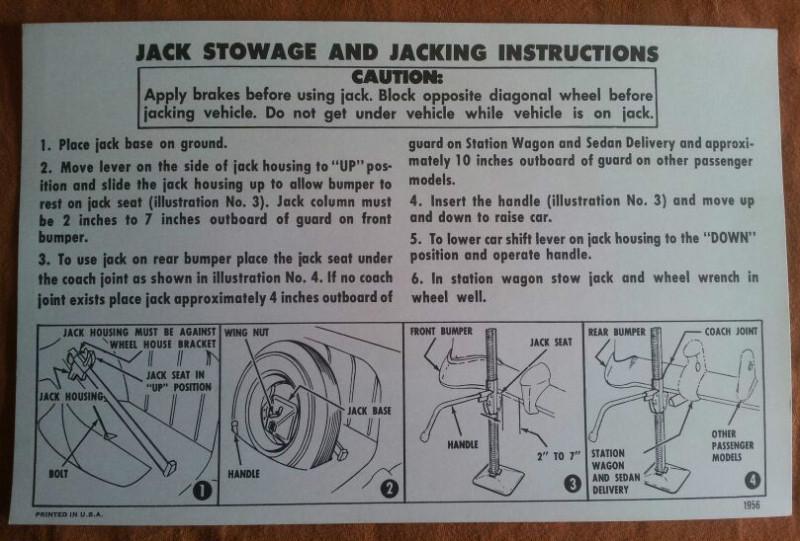 1956 chevrolet nos  oem  jack stowage & jacking instructions 56 chevy
