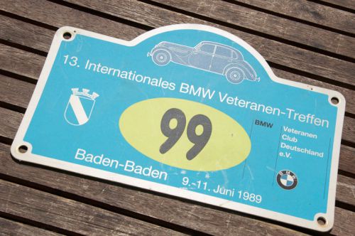 Vintage rally sign / plaque # 13. int. bmw veteran rally baden baden 1989 no. 99