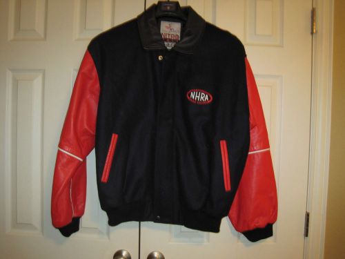 Black nhra race jacket with red leather trim - size large