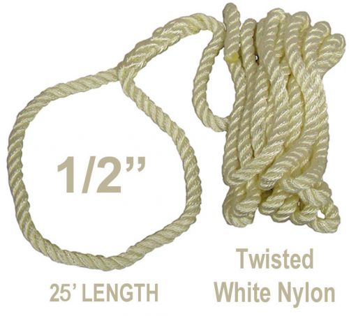 New 25&#039; twist 1/2&#034; nylon dock line,twisted marine boat tow rope w/ splice,white