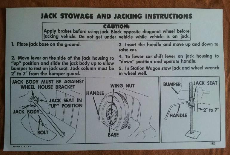 1955 chevrolet nos  oem  jack stowage & jacking instructions 55 chevy