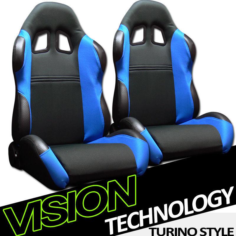 2x universal lh+rh black/blue fabric & pvc leather racing seats+sliders pair 27