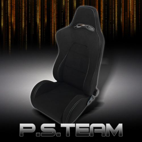 1x black cloth w/white stitching reclinable adjustable type x racing seat+slider