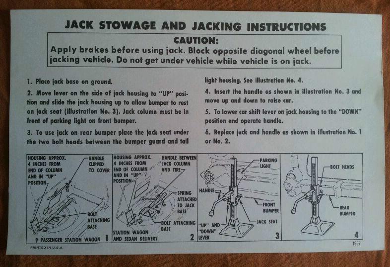 1957 chevrolet nos  oem  jack stowage & jacking instructions 57 chevy
