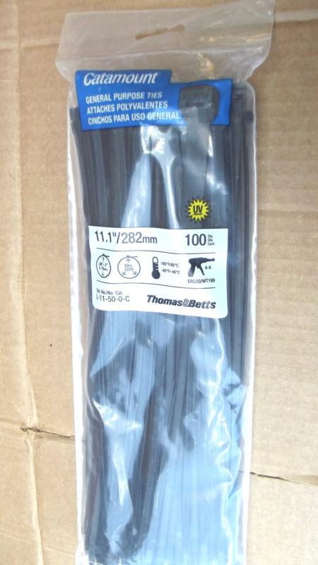 (500)catamount/thomas & betts black cable ties,11"net,50lbs tensile,made in usa
