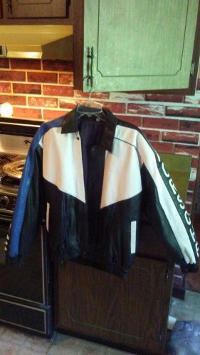 Porsche men&#039;s leather jacket size medium - black, white, blue with patches