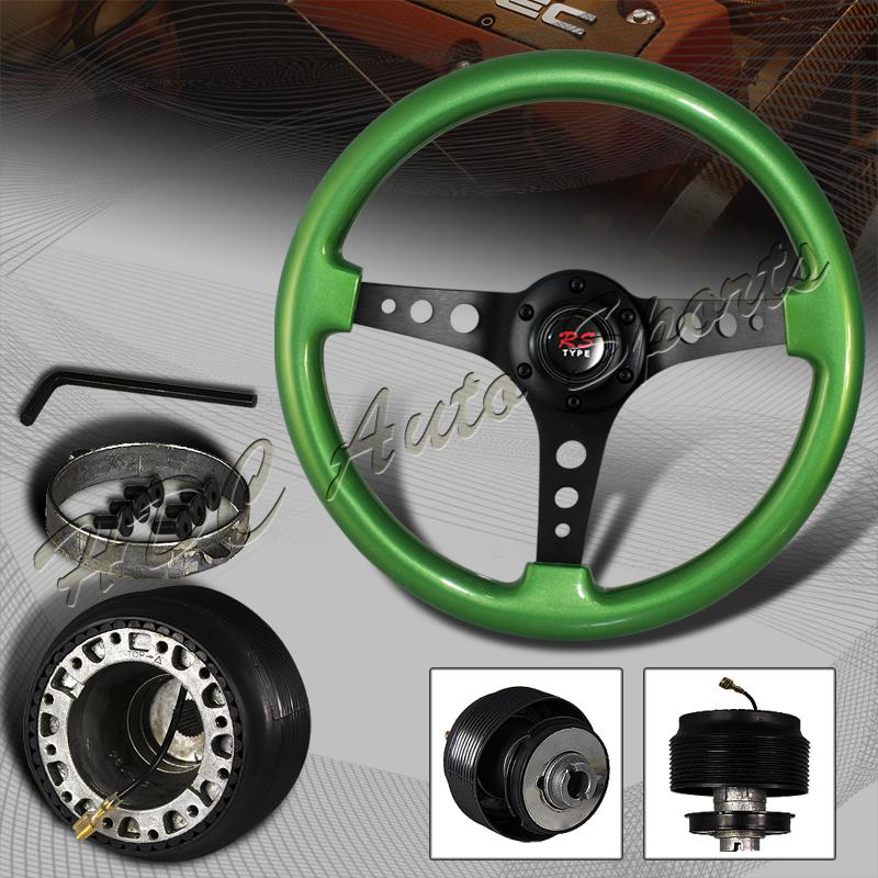 345mm 6 hole green wood grain deep dish steering wheel + civic crx integra hub