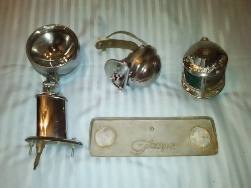 Vintage 1960 glasspar runabout boat parts // plate, nav light, spot light &amp; horn