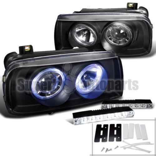 1993-1998 jetta dual halo projector headlights black+6-smd led fog drl lamp