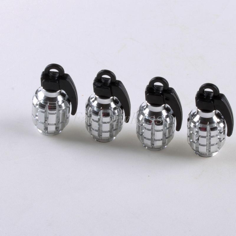 Gau 4 x grenade design metal bike car motor tyre air valve dust caps lightgrey