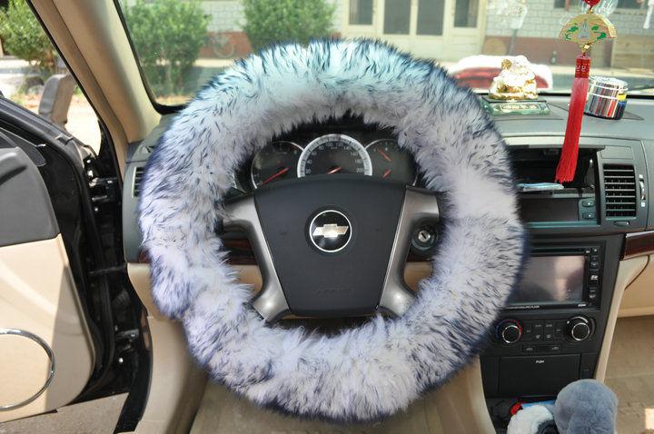 Genuine white/gray long wool sheepskin steering wheel cover steel