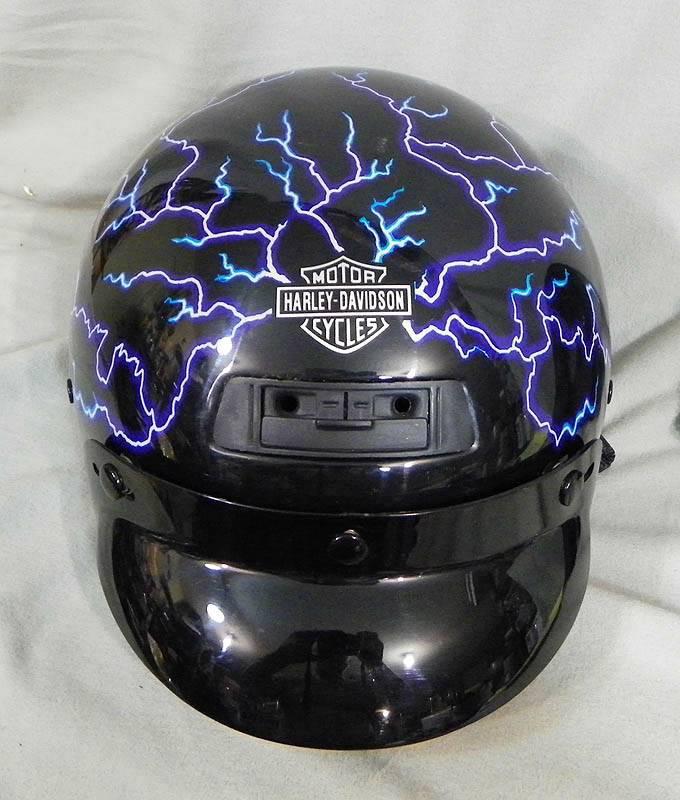 Harley davidson black 1/2 dot helmet w blue & purple lightning design sz m 58