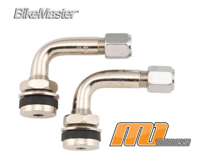 2 bikemaster 90 degree deg metal valve stems angled motorcycle pair chrome x2