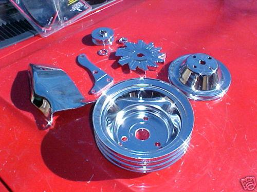 Chrome pulleys,alt.brackets for long w.p sbc,350,305etc