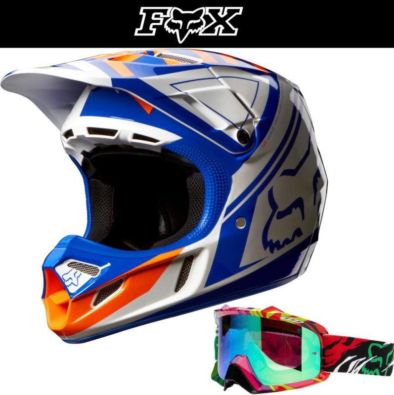 Fox racing v4 intake carbon blue white dirt bike helmet w forzaken airspc goggle