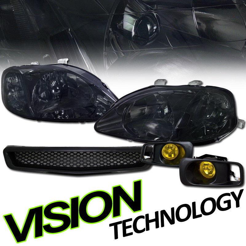 99-00 civic 2d/3d/4d jdm smoked crystal headlights+yellow lens fog lights+grille