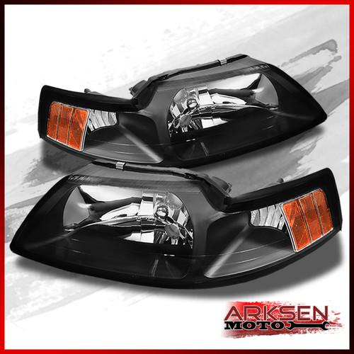 99-04 ford mustang black replacement headlights+amber corner lamp pair set new