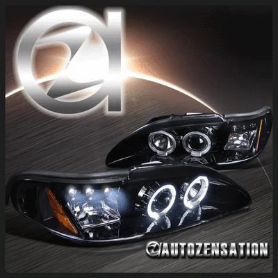 Glossy black 94-98 mustang led drl halo projector headlights smoke head lamps