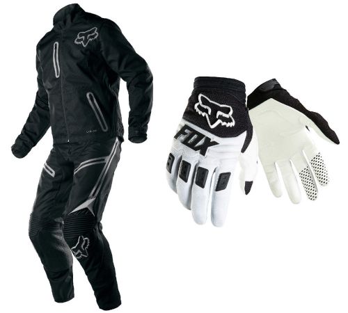 Fox racing black/grey mens legion jacket &amp; pants with white dirtpaw race gloves