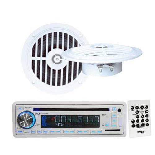 Marine white receiver radio cd usb player w/pair of white 5.25&#034; round speakers