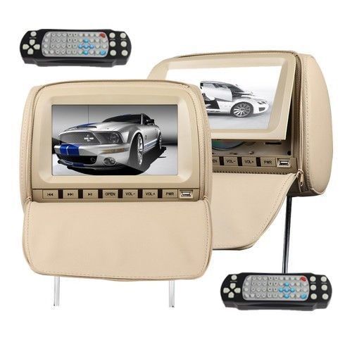 Pair 2x beige tan headrest 9&#034;lcd car monitor dvd player fm game zipper cover