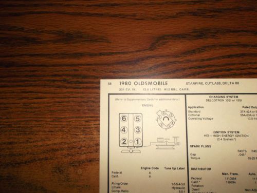 1980 oldsmobile olds six series models 3.8 litre 231 ci v6 2bbl tune up chart