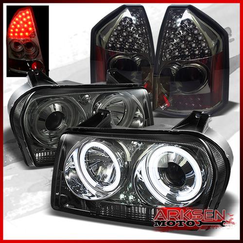 05-07 c300 ccfl smoked halo led projector headlights+smoked led tail lights set