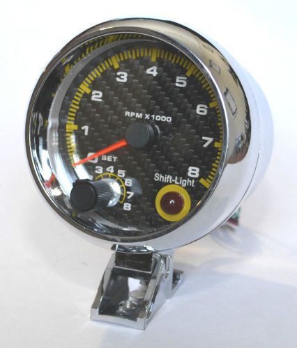 Carbon fibre face 3 3/4&#034; 3.75 inch tacho with shift light - rpm rev gauge meter