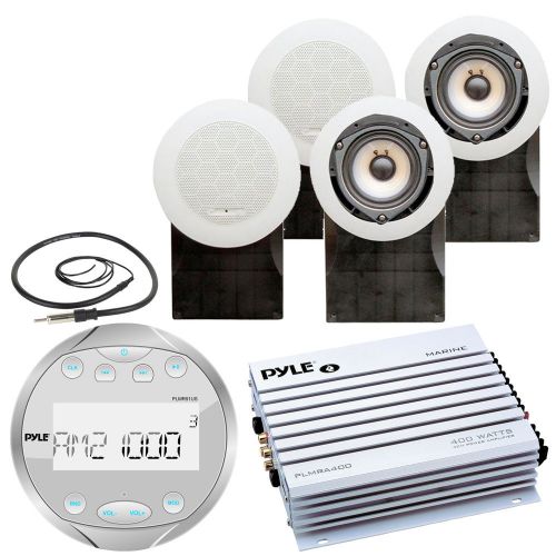 5&#034; flush mount marine speakers,pyle bluetooth round aux radio,antenna, amplifier