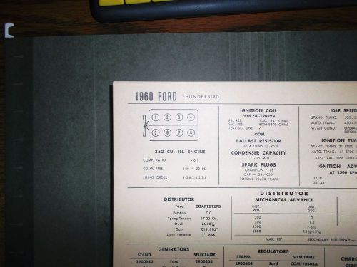 1960 ford thunderbird eight series models 352 cubic inch v8 tune up chart