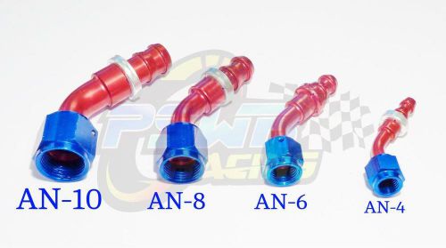 Pswr push on oil fuel/gas hose end fitting red/blue an-10, 45 degree 7/8 14 unf