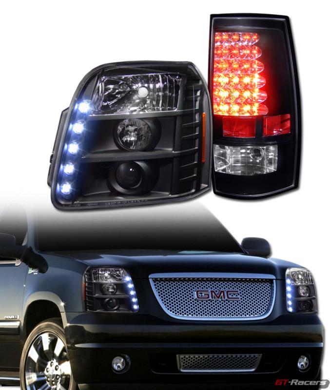 Black drl led projector head lights signal+led tail brake lamps 07-11 gmc yukon