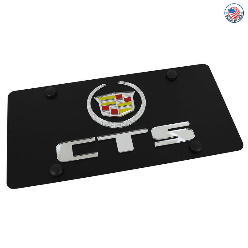 Cadillac silver logo + cts name on carbon black stainless steel license plate