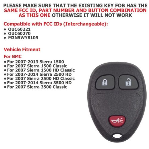 For gmc sierra 1500 2500 3500 key fob replacement keyless remote control new