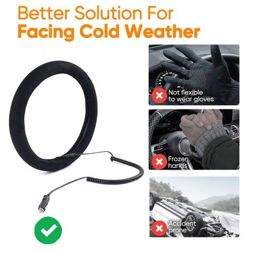 Striated plush heated steering wheel cover tangle hand warmer 14.5-15.5in