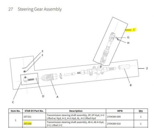 Lower steering shaft- long for star classic &amp; sport 4p golf carts 2008+