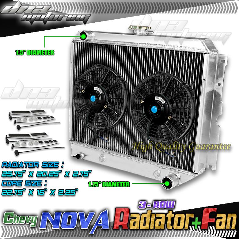 Tri core full aluminum radiator+2 x 9" fans 62-67 chevrolet chevy ii/nova i6/v8