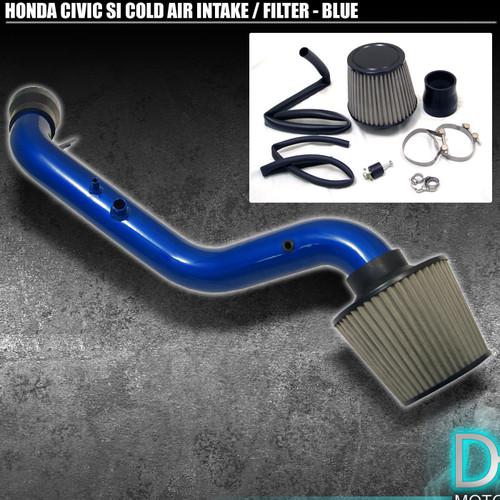 Stainless washable cone filter + cold air intake 02-05 civic si blue aluminum