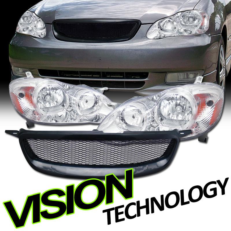 Chrome factory crystal style headlights headlamps+sport mesh grill 03-04 corolla