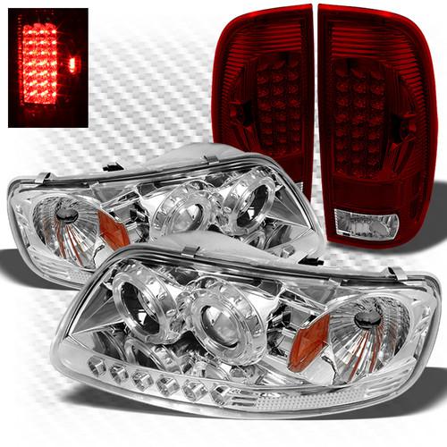 97-03 f150 1pc halo projector headlights + red clear led perform tail lights set