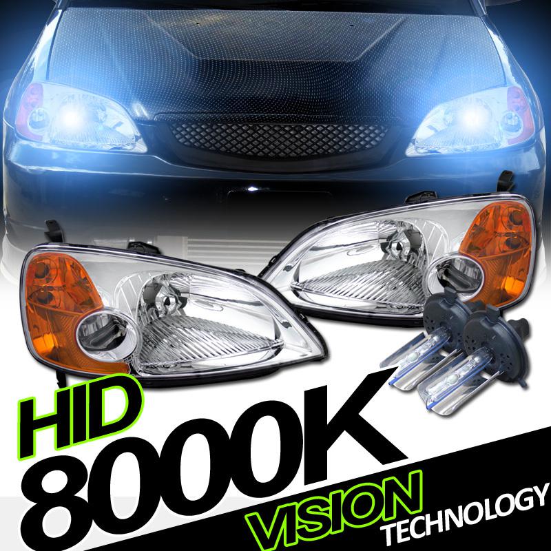 H4 bulb high/low beam hid kit+chrome head lights lamps pair 01-03 civic 2dr/4dr