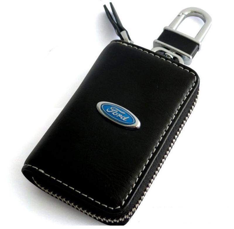 New genuine leather black car key holder case bag alloy keychain for ford