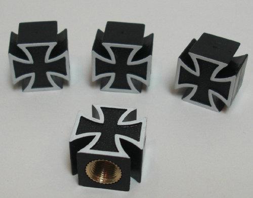 4 black "iron cross" tire air valve stem caps -car truck hotrod atv maltese rims