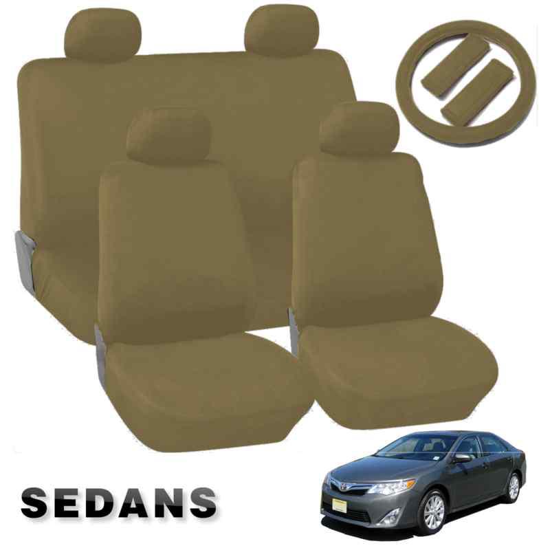 Tan comfort cloth polyester car seat covers double stitched 13pc compact sedans