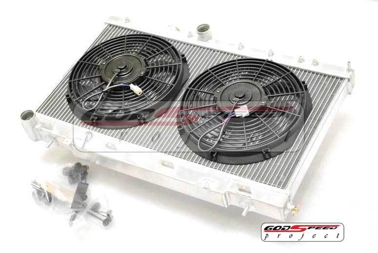 Godspeed 02-03 wrx ej20 gdb gda 2 row aluminum racing radiator+slim fan x 2