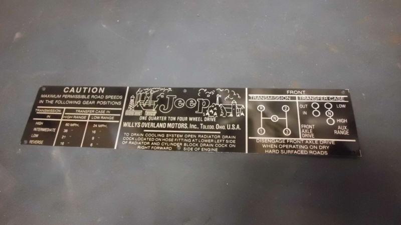 Jeep willys cj2a cj3a cj3b dash data plate made in usa!! 