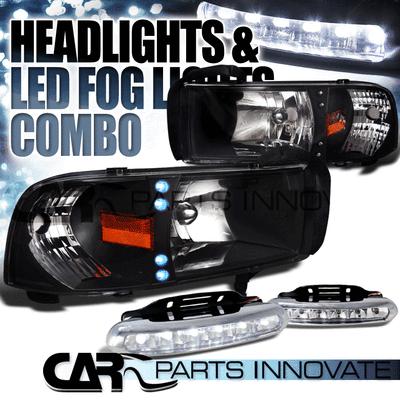 Dodge 94-01 ram 1500 2500 3500 led drl black headlights+6-led fog lamps