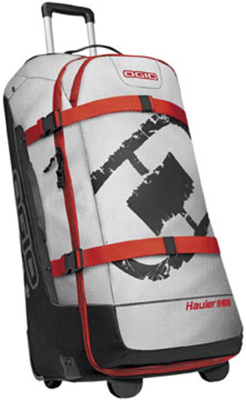 Ogio wheeled hauler 9400 roller gear bag,chrome/black/red, 33"h x 17"w x 14.75"d
