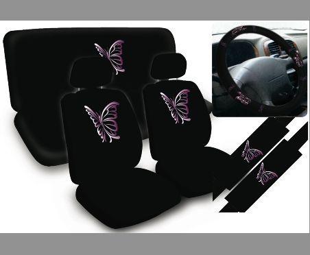 Butterfly car seat covers steering wheel universal fit full set purple 11pc