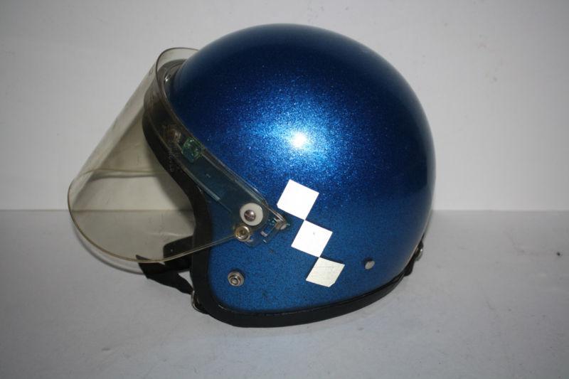 Vintage 1966 blue metal flake motorcycle helmet lsi-4150 w/paulson shield! nice